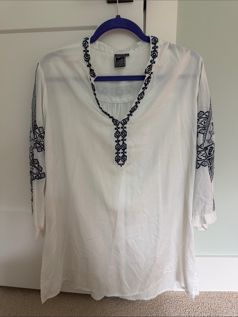 White Embroidered Tunic Navy Embroidered Collar and 3/4 Length Sleeves